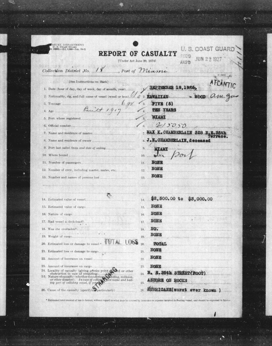 Max Chamberlain Coast Guard casualty report documenting an uninsured total loss