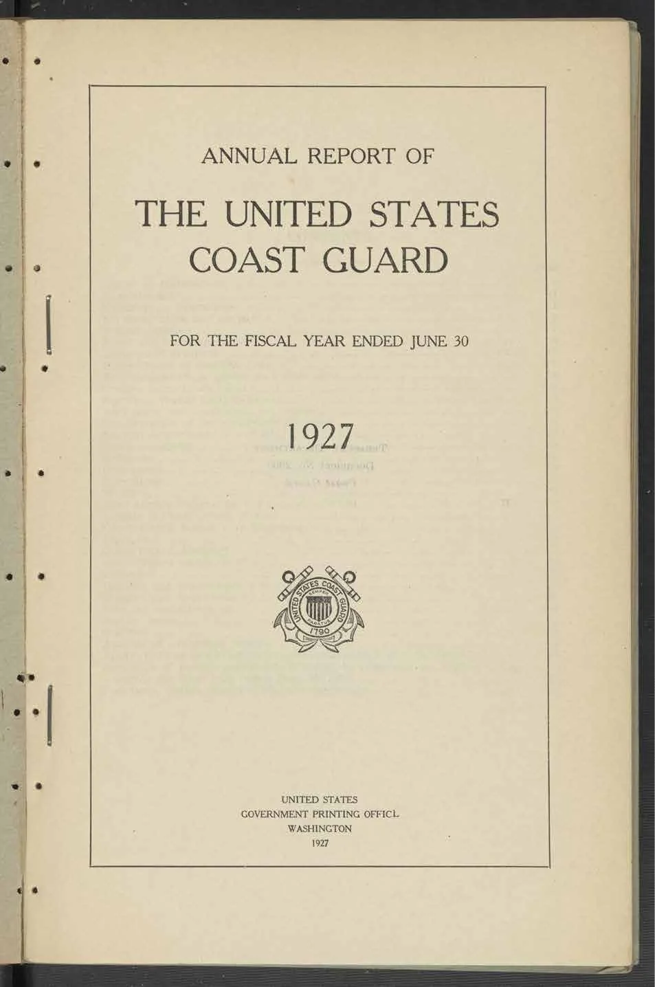 Title page of the 1927 Coast Guard annual report