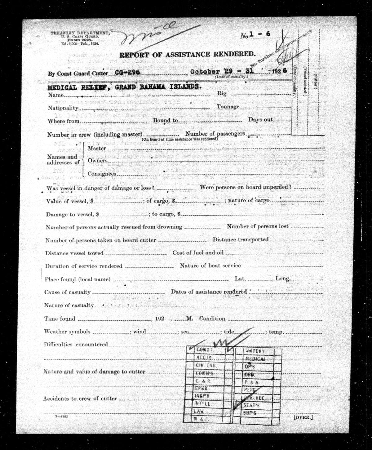 Coast Guard assistance form for the Grand Bahama medical-relief mission