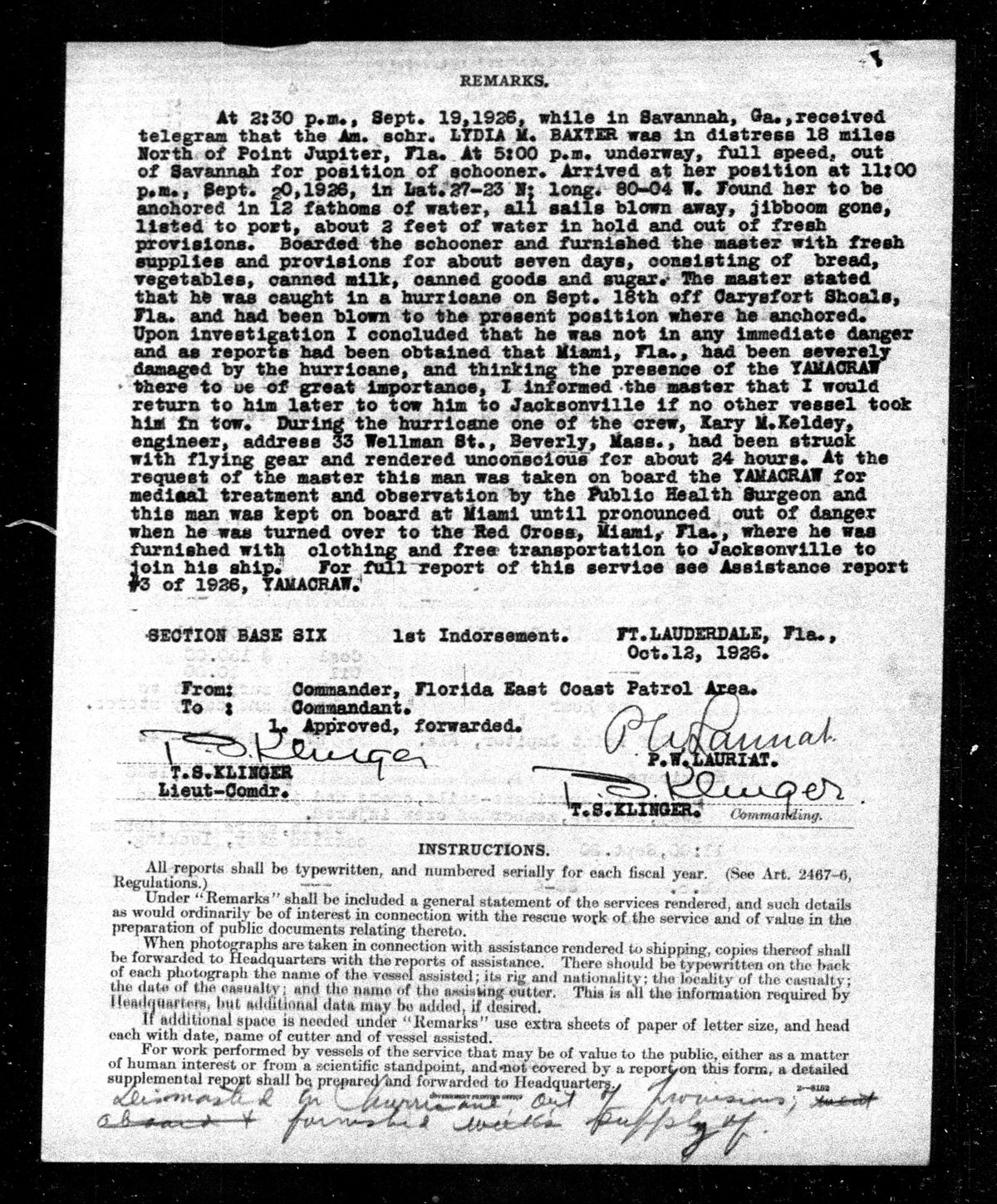 Narrative page of the Lydia M. Baxter Coast Guard report