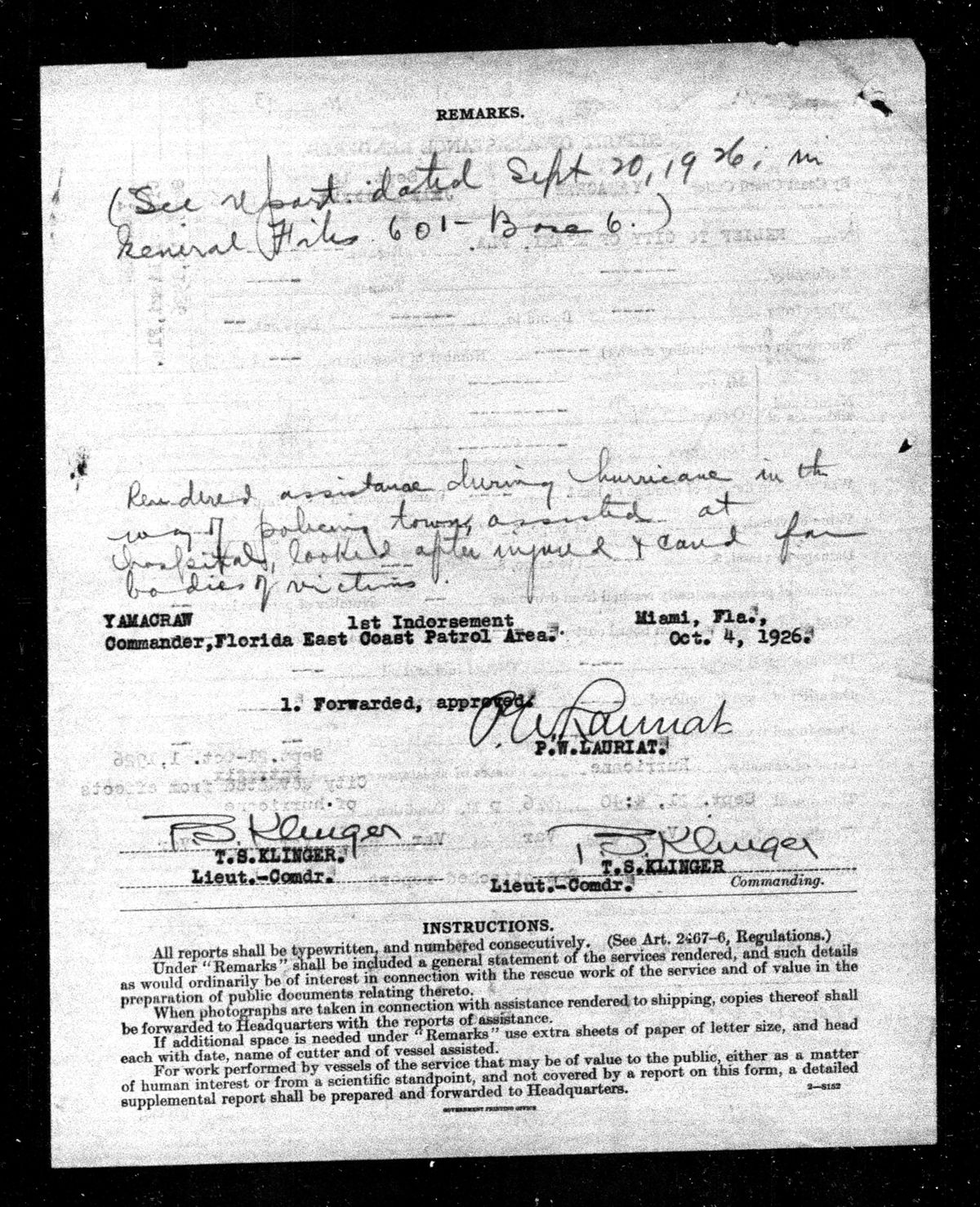 Handwritten continuation describing Coast Guard relief in Miami