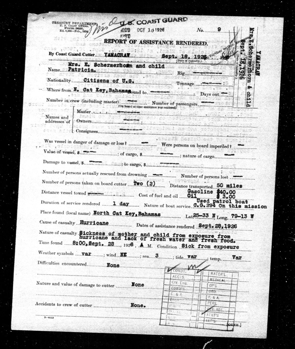 Coast Guard form for Mrs. Schermerhorn and child