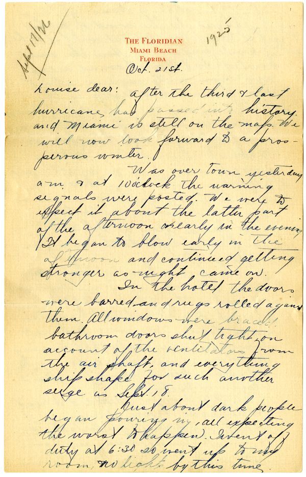 First page of Kaye's hurricane letter