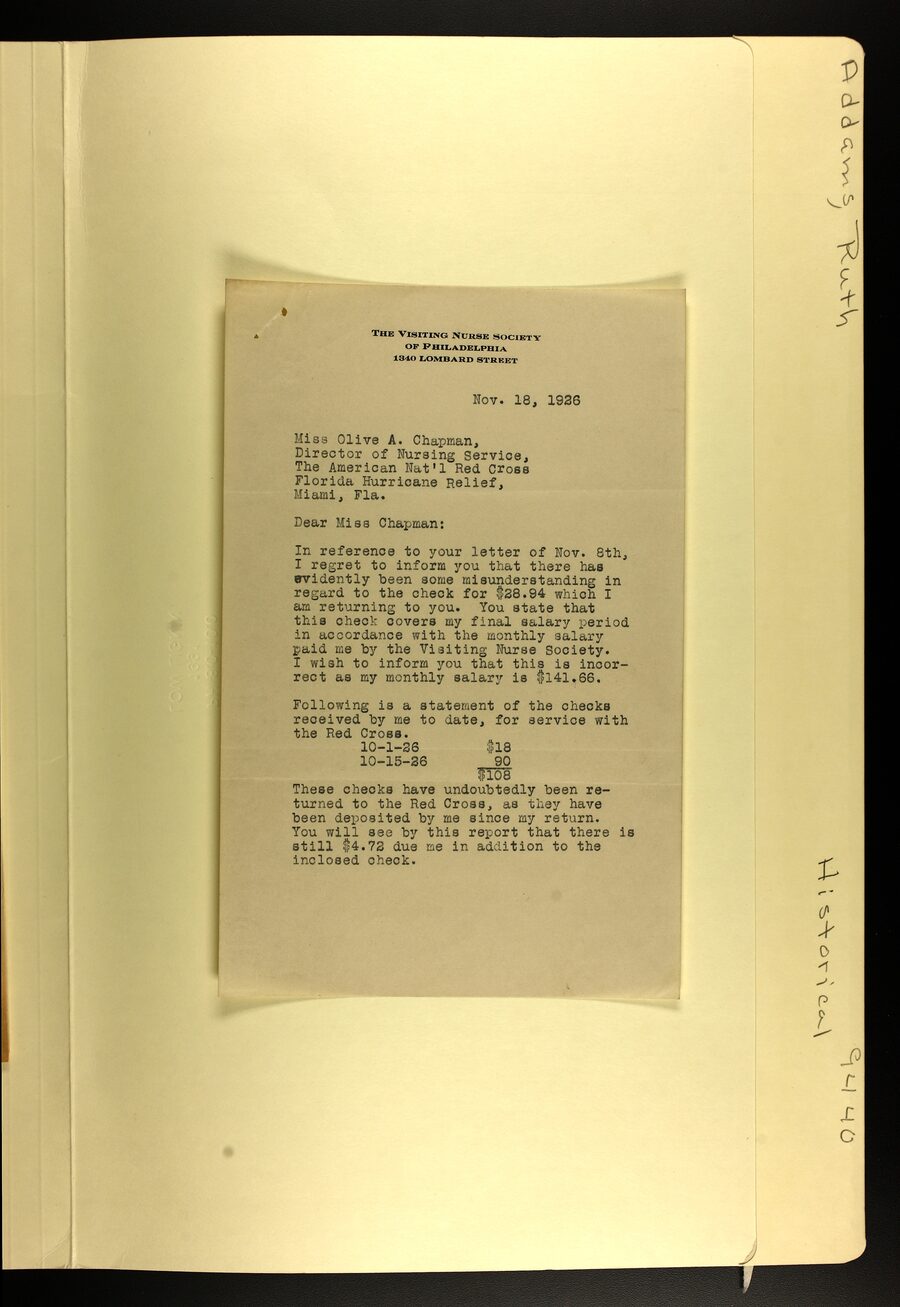 Ruth Addams letter disputing her final Red Cross pay