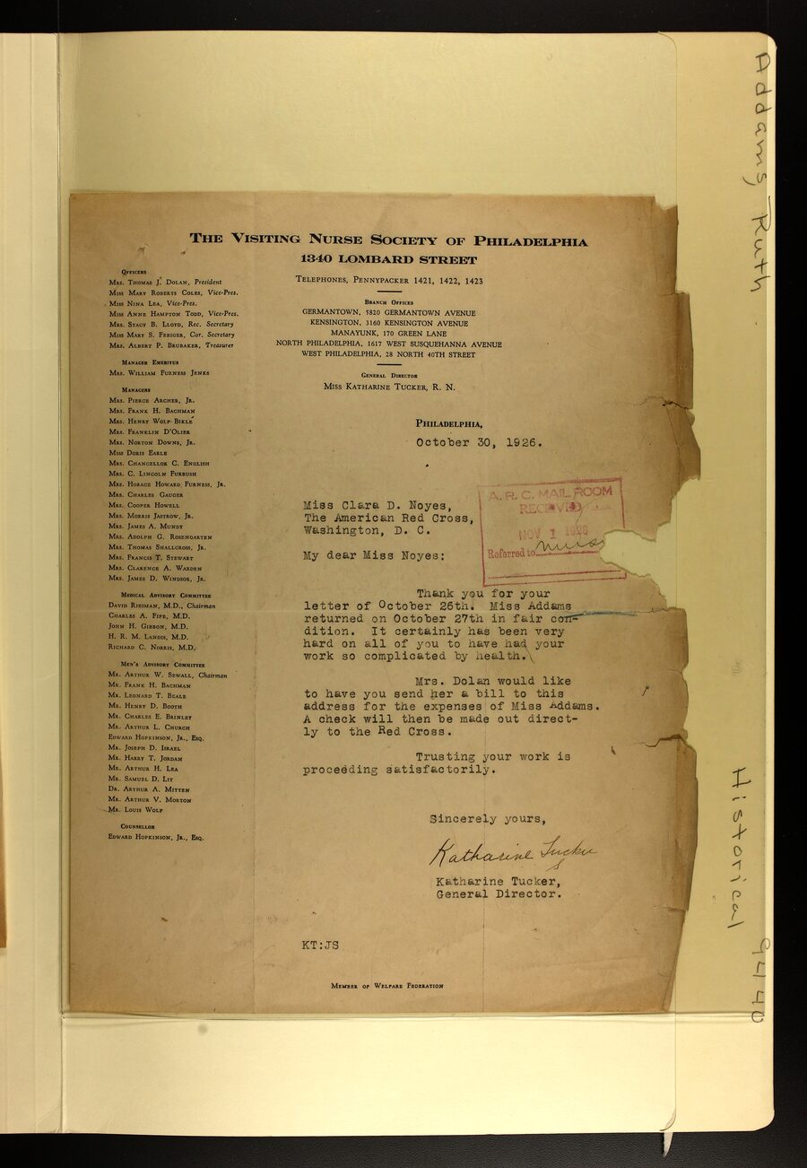 Letter reporting Ruth Addams returned in fair condition