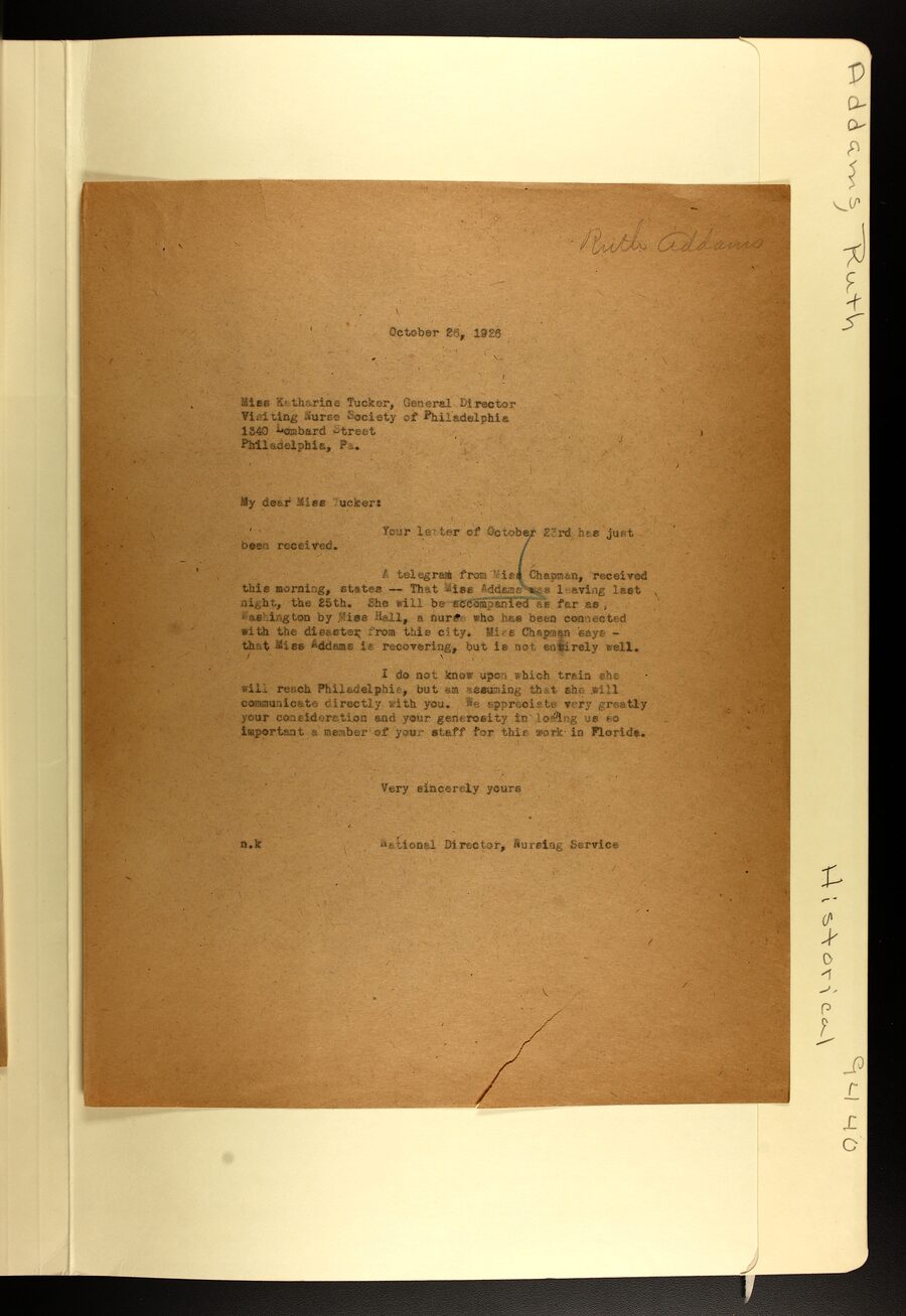 Letter describing Ruth Addams's departure from Florida