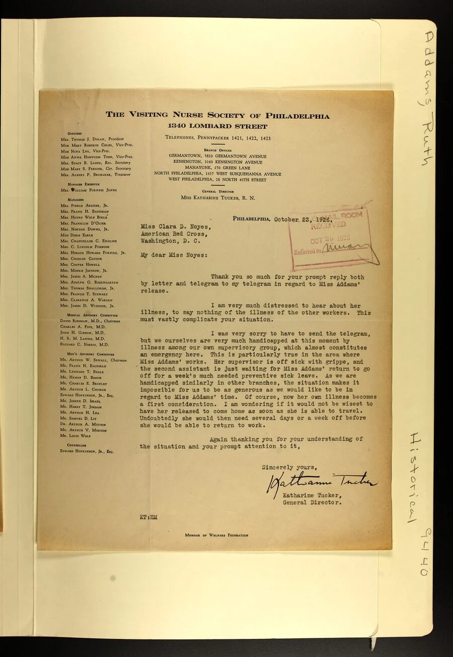 Katharine Tucker letter requesting Ruth Addams's return