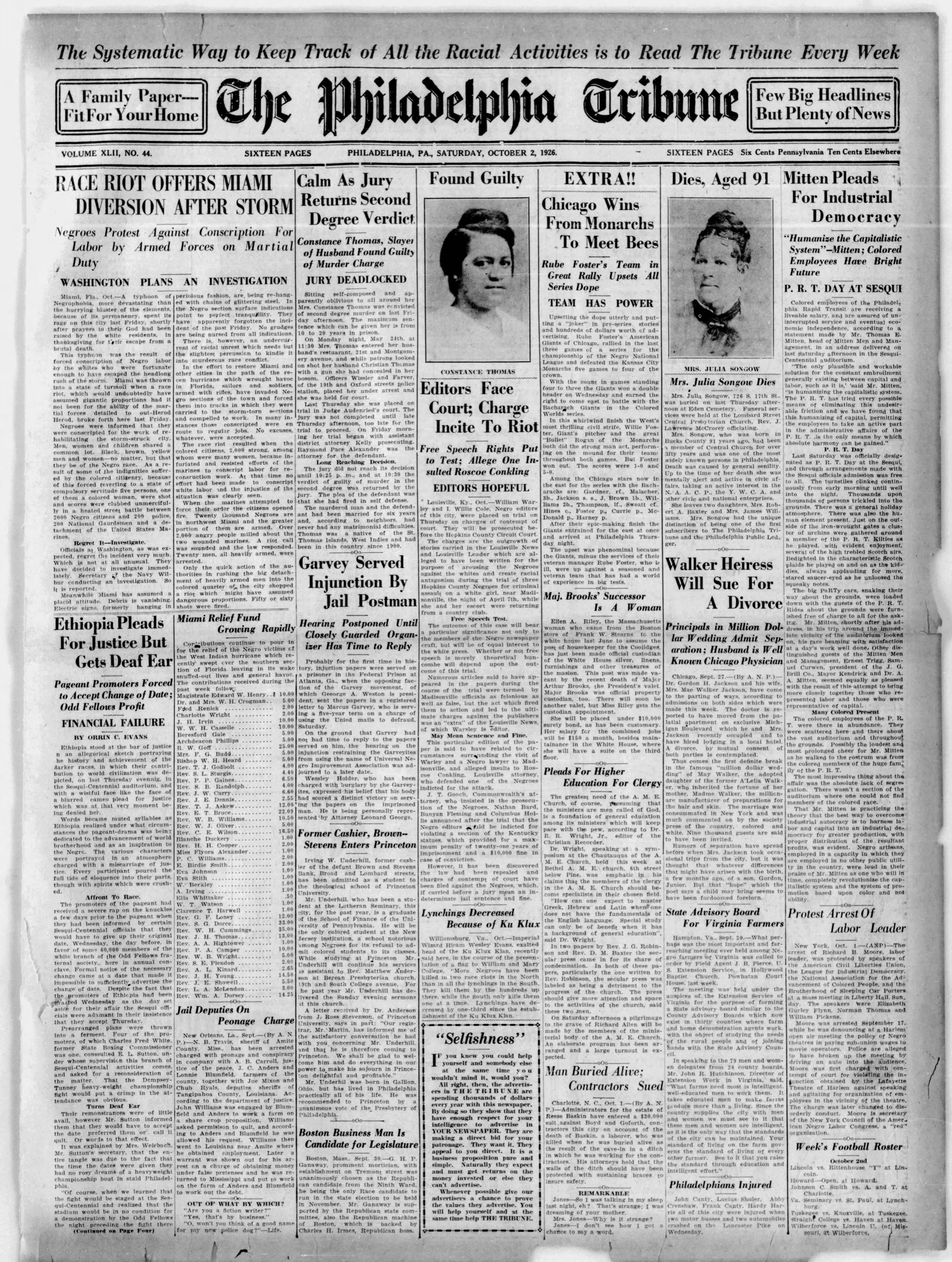 Philadelphia Tribune front page, October 2, 1926