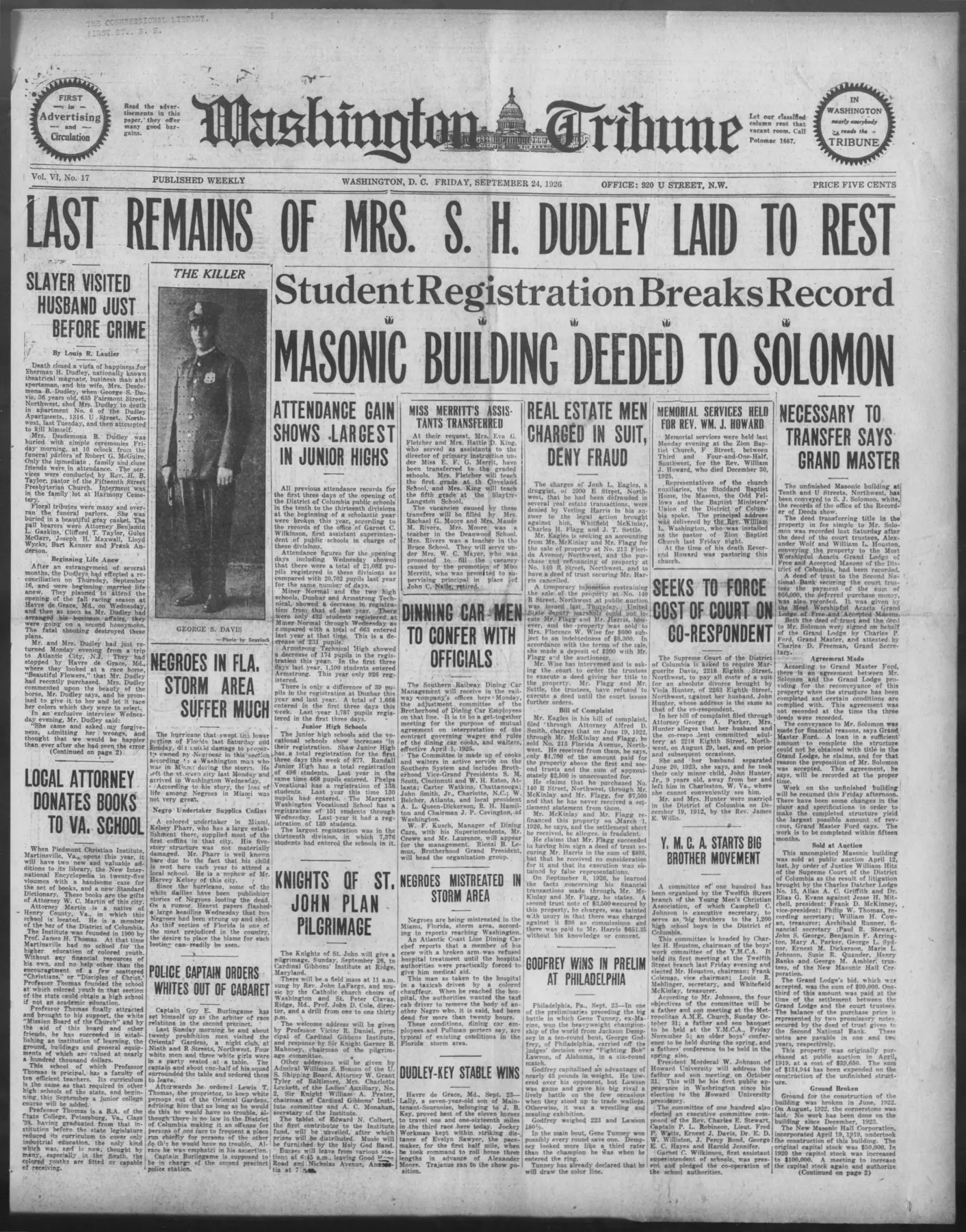 Washington Tribune headline Negroes in Florida Storm Area Suffer Much, September 24, 1926