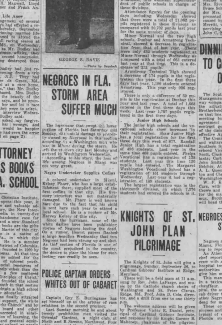 Washington Tribune headline: Negroes in Florida Storm Area Suffer Much