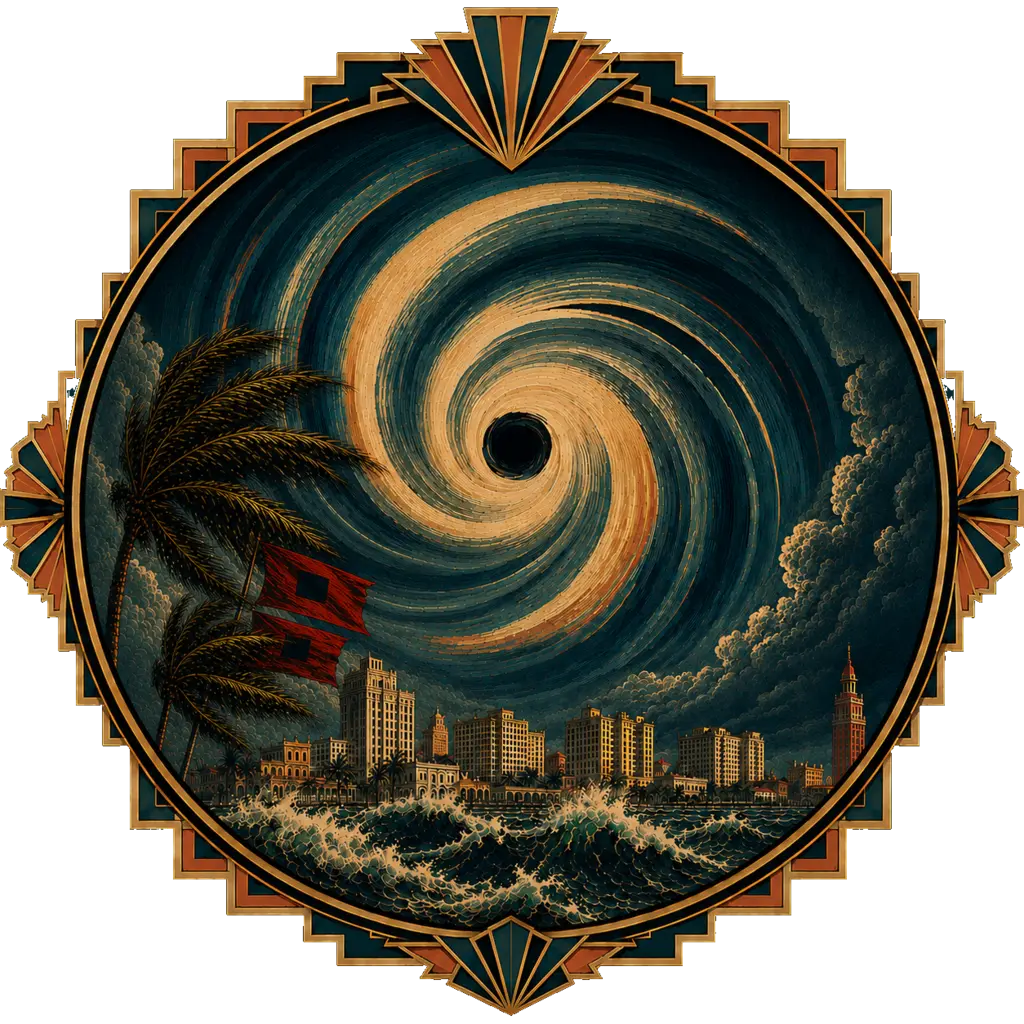 Art Deco emblem showing the 1926 Great Miami Hurricane over downtown Miami, with wind-blown palms, warning flags, rough seas, and a dominant hurricane spiral