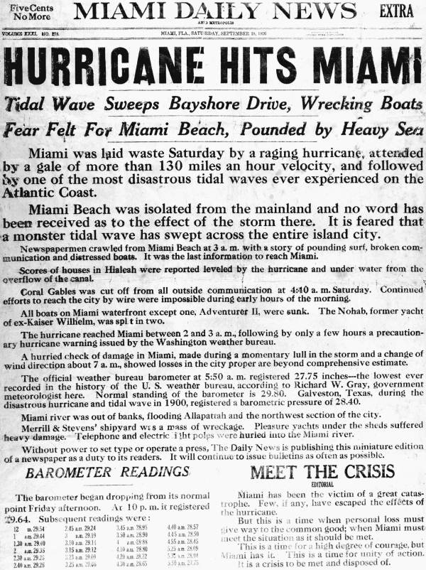 Miami Daily News Extra front page, September 18, 1926