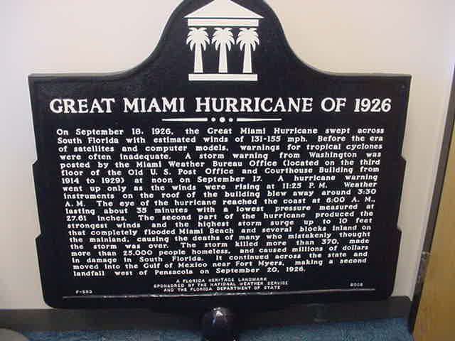 Official National Weather Service photograph of the Great Miami Hurricane of 1926 historical marker