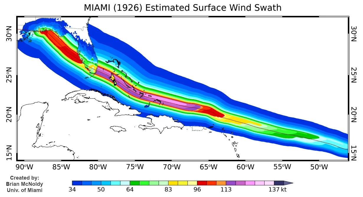 1926 estimated lifetime maximum surface wind swath by Brian McNoldy
