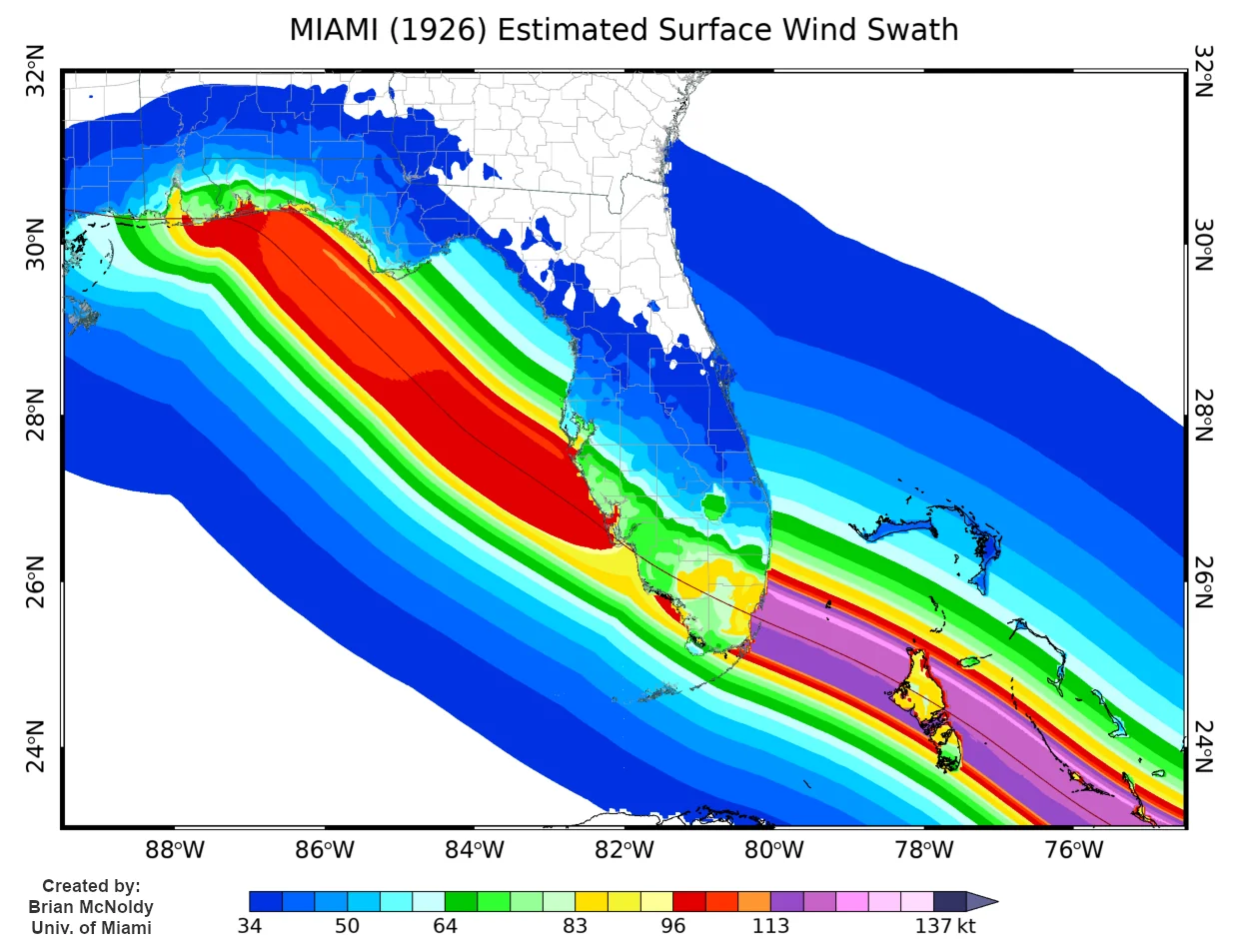 Modeled 1926 Miami landfall wind field