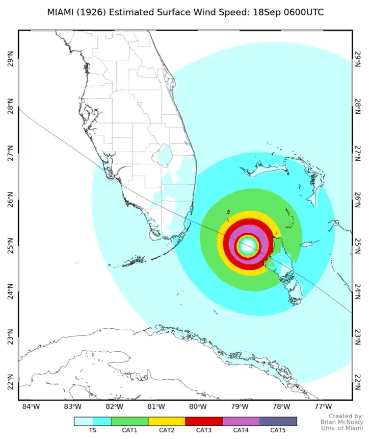 Modeled wind field for the 1926 Miami landfall