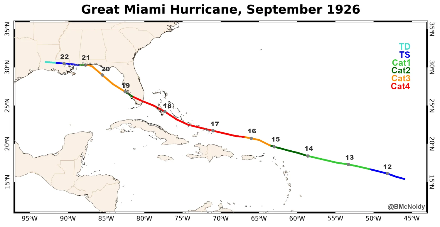 Great Miami Hurricane 1926 track map by Brian McNoldy