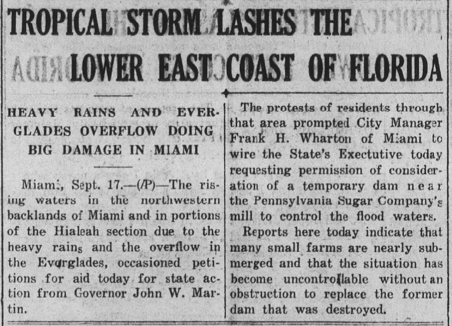 Contemporary newspaper clipping reporting Everglades overflow in Hialeah and northwest Miami