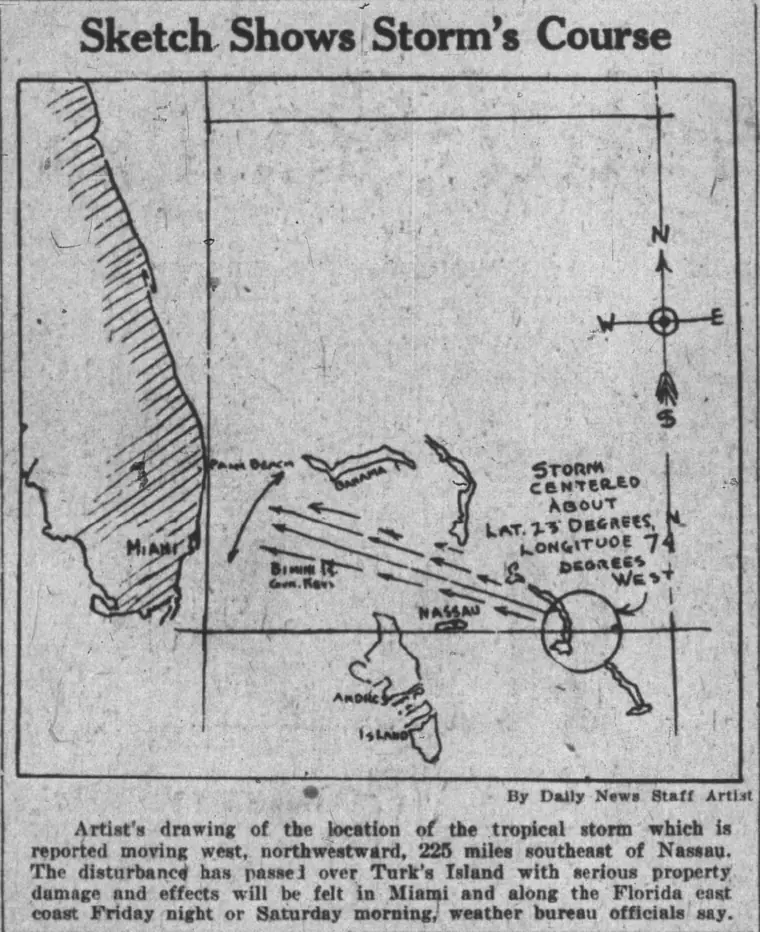 Sketch Shows Storm's Course, a newspaper artist's 1926 hurricane map