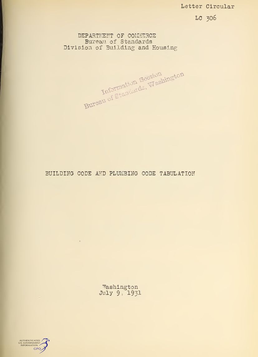 1931 U.S. Bureau of Standards Building Code and Plumbing Code Tabulation title page