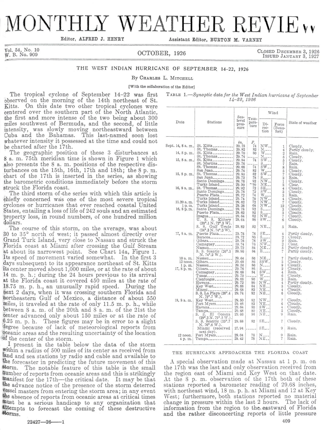 The West Indian Hurricane of September 14–22, 1926