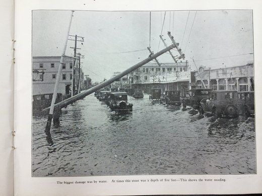Period photograph of a flooded Miami street after the 1926 hurricane