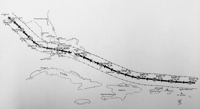 1926 route diagram of the Great Miami Hurricane from the Lesser Antilles through Florida and the Gulf Coast